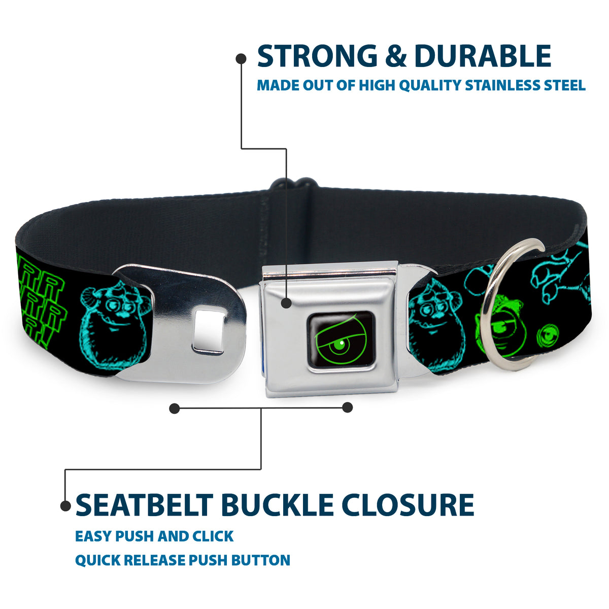 Monsters Eye Full Color Black/Neon Green Seatbelt Buckle Collar - Monsters Inc. Sully & Mike Poses/GRRRRR! Black/Turquoise/Green Dog Collars Seatbelt Buckle Disney
