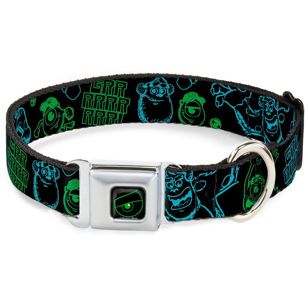 Monsters Eye Full Color Black/Neon Green Seatbelt Buckle Collar - Monsters Inc. Sully & Mike Poses/GRRRRR! Black/Turquoise/Green Dog Collars Seatbelt Buckle Disney