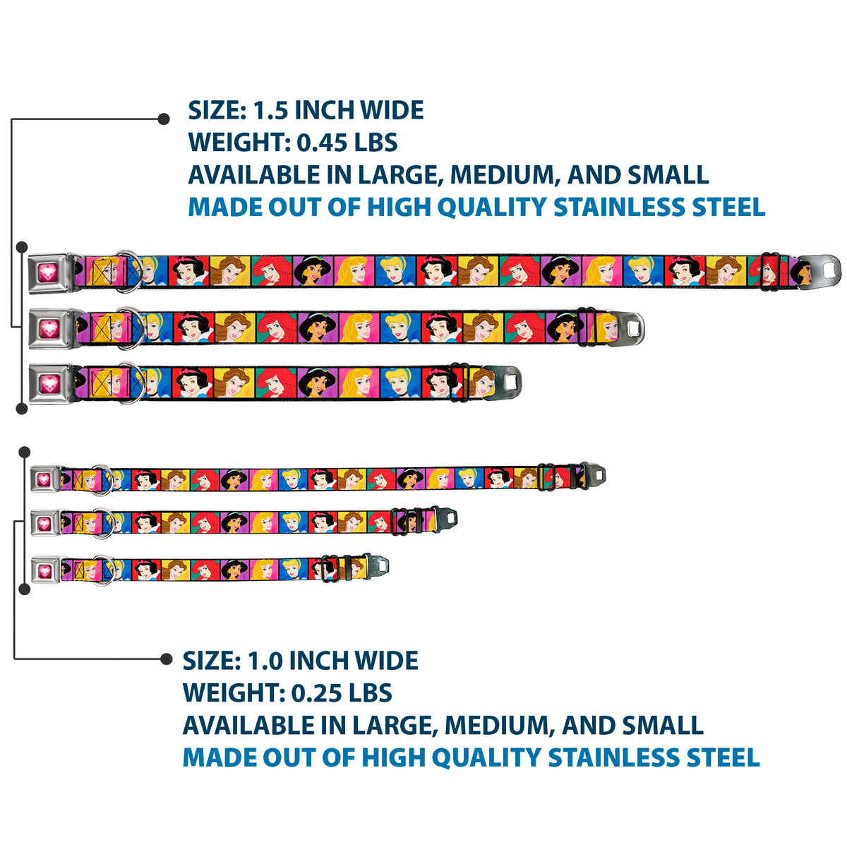 Princess Gem Heart Full Color Black Pink Seatbelt Buckle Collar - Disney Princess Blocks Dog Collars Seatbelt Buckle Disney