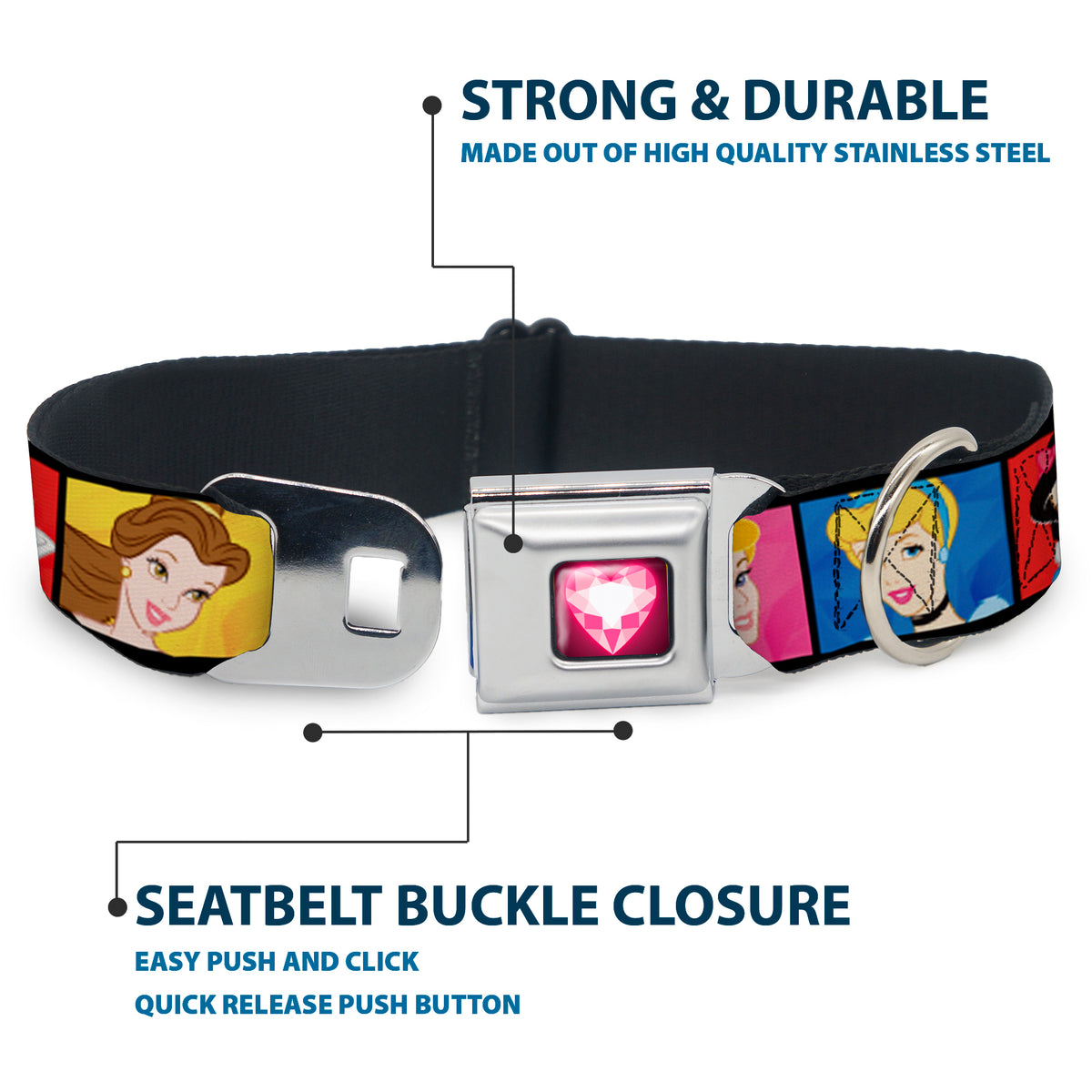 Princess Gem Heart Full Color Black Pink Seatbelt Buckle Collar - Disney Princess Blocks Dog Collars Seatbelt Buckle Disney