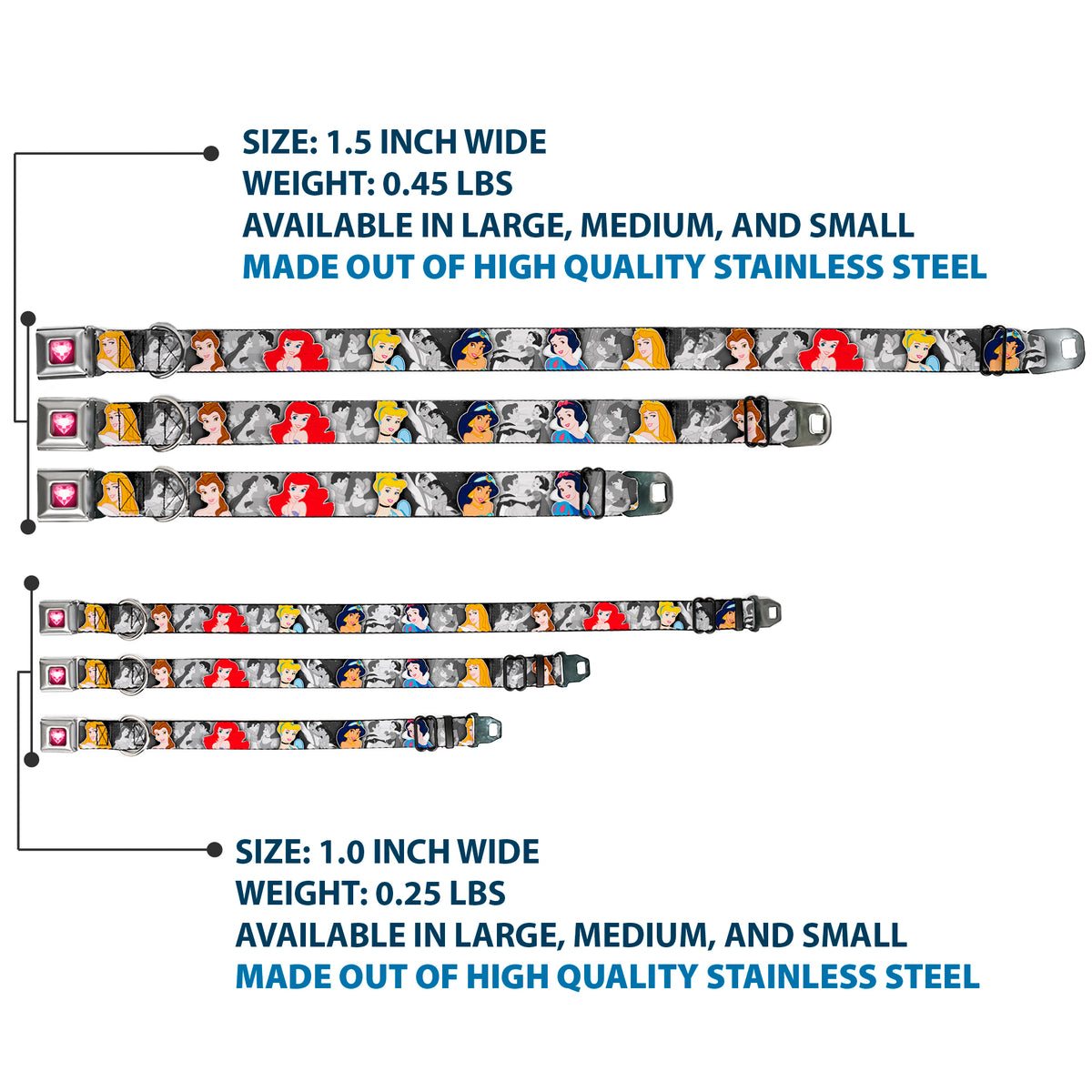 Princess Gem Heart Full Color Black/Pink Seatbelt Buckle Collar - Princess Pose/Princess & Prince Scene Grays/Multi Color Dog Collars Seatbelt Buckle Disney