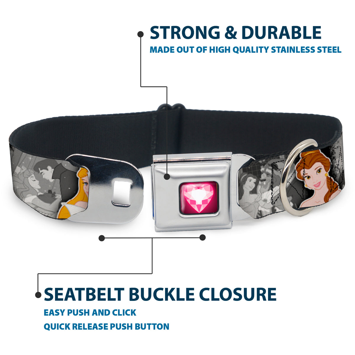 Princess Gem Heart Full Color Black/Pink Seatbelt Buckle Collar - Princess Pose/Princess & Prince Scene Grays/Multi Color Dog Collars Seatbelt Buckle Disney