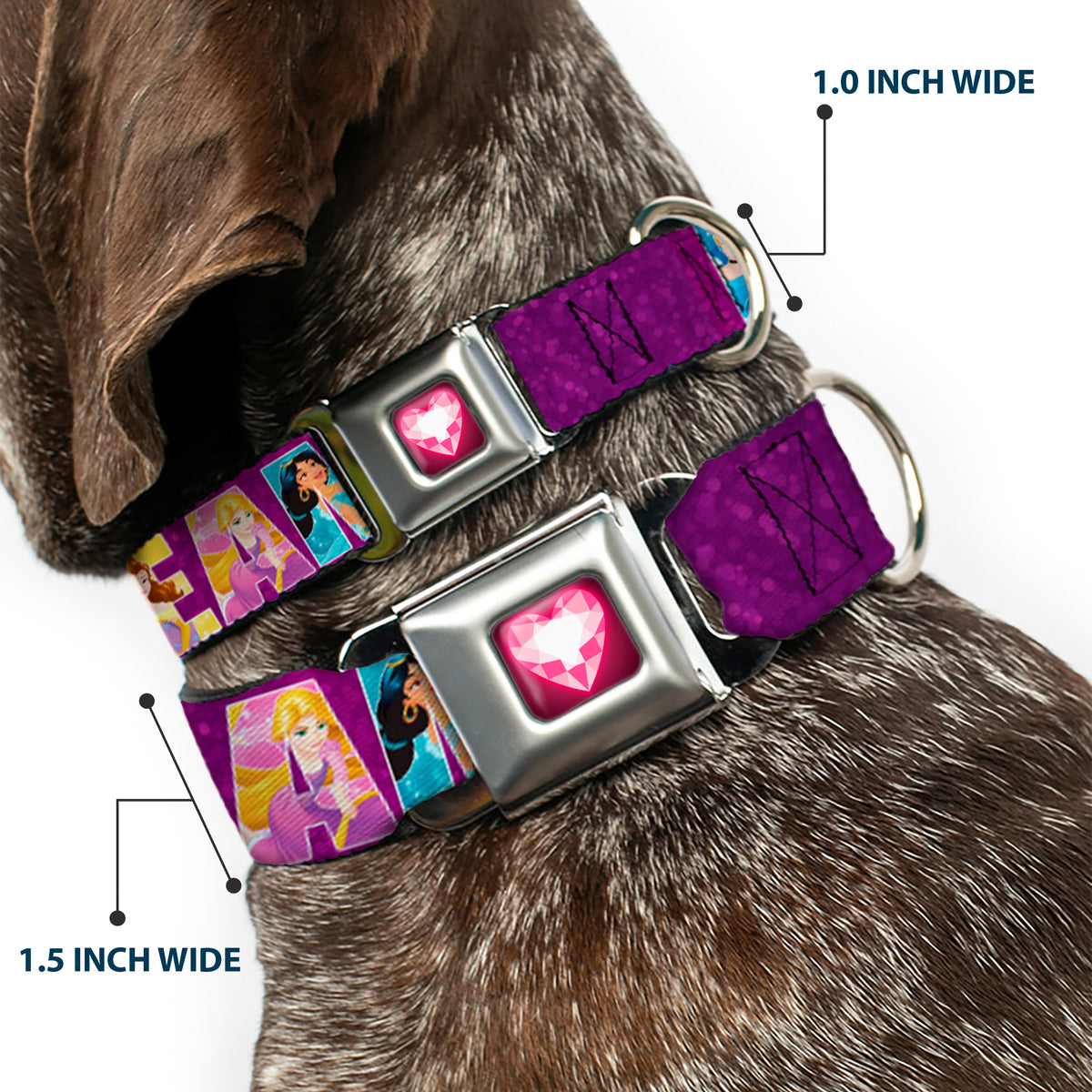 Princess Gem Heart Full Color Black/Pink Seatbelt Buckle Collar - Disney DREAMER 7-Sparkling Princesses/Tiara Purple/White Dog Collars Seatbelt Buckle Disney