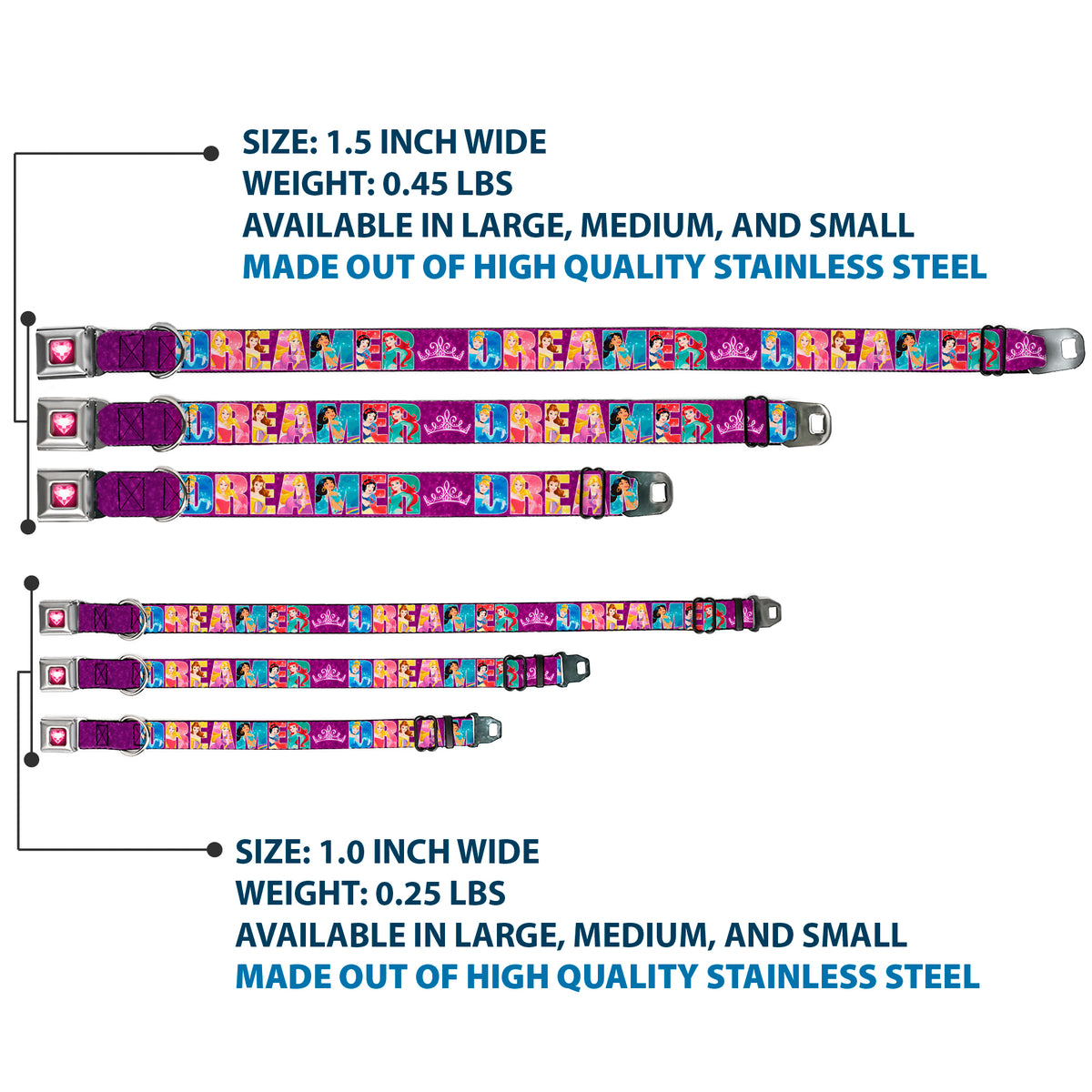 Princess Gem Heart Full Color Black/Pink Seatbelt Buckle Collar - Disney DREAMER 7-Sparkling Princesses/Tiara Purple/White Dog Collars Seatbelt Buckle Disney