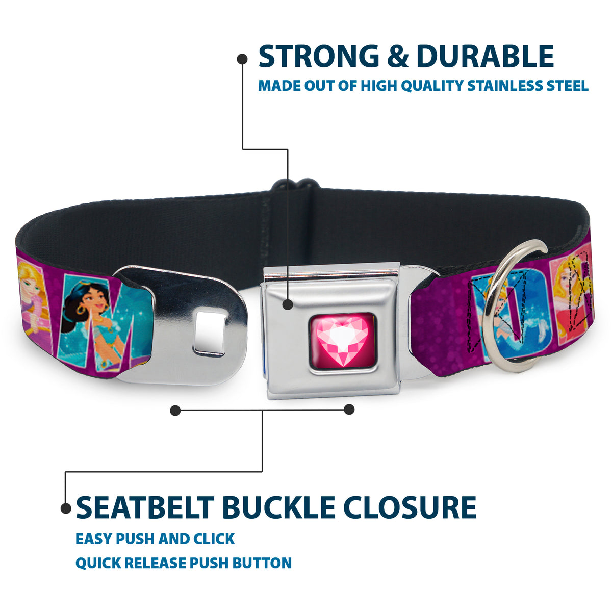 Princess Gem Heart Full Color Black/Pink Seatbelt Buckle Collar - Disney DREAMER 7-Sparkling Princesses/Tiara Purple/White Dog Collars Seatbelt Buckle Disney