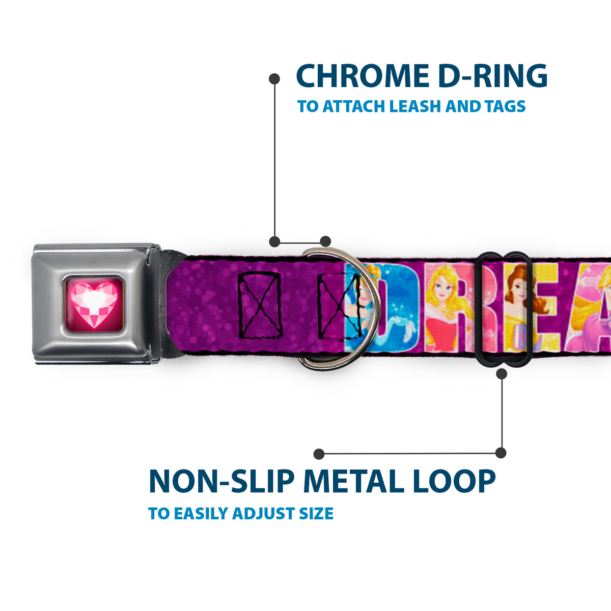 Princess Gem Heart Full Color Black/Pink Seatbelt Buckle Collar - Disney DREAMER 7-Sparkling Princesses/Tiara Purple/White Dog Collars Seatbelt Buckle Disney