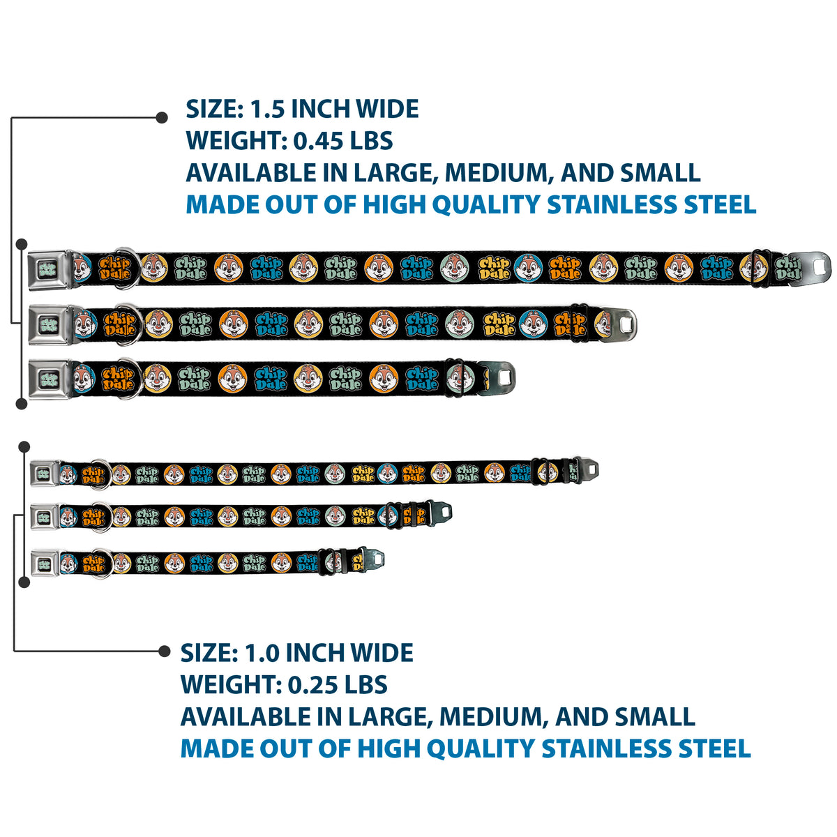 CHIP & DALE Text Logo Full Color Black/Gray Seatbelt Buckle Collar - CHIP & DALE Expression Bubbles Black/Multi Color Dog Collars Seatbelt Buckle Disney