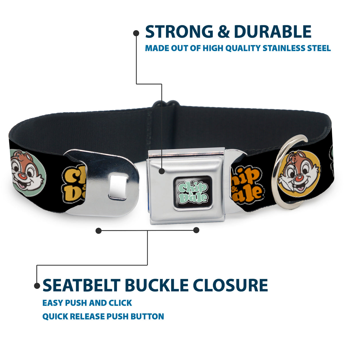 CHIP & DALE Text Logo Full Color Black/Gray Seatbelt Buckle Collar - CHIP & DALE Expression Bubbles Black/Multi Color Dog Collars Seatbelt Buckle Disney