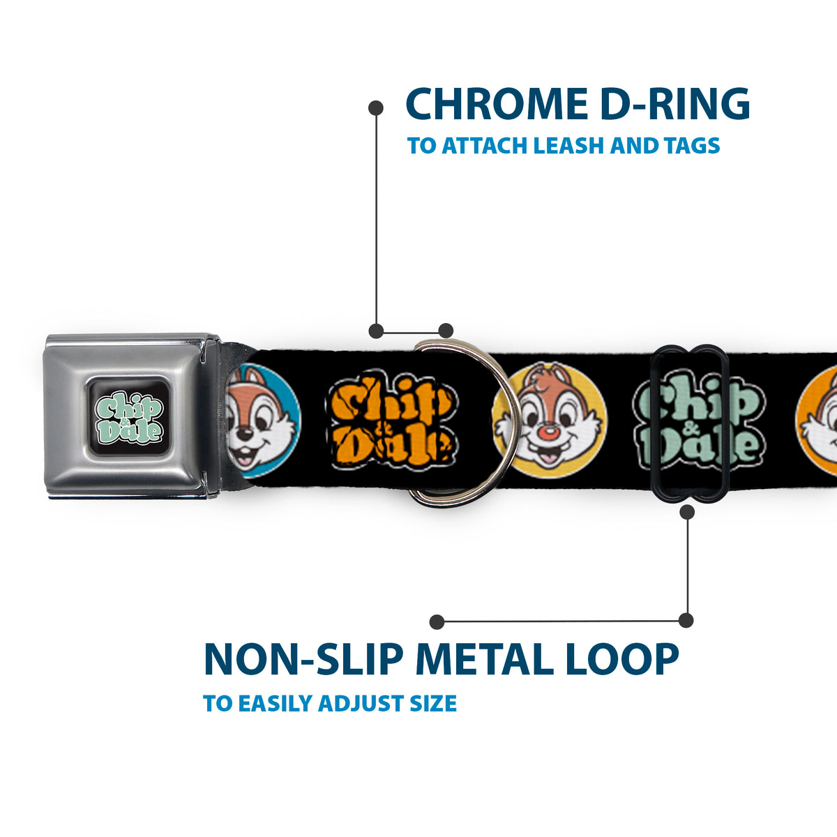 CHIP & DALE Text Logo Full Color Black/Gray Seatbelt Buckle Collar - CHIP & DALE Expression Bubbles Black/Multi Color Dog Collars Seatbelt Buckle Disney