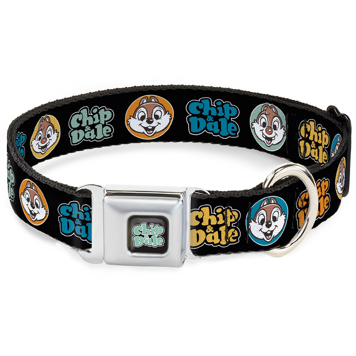 CHIP & DALE Text Logo Full Color Black/Gray Seatbelt Buckle Collar - CHIP & DALE Expression Bubbles Black/Multi Color Dog Collars Seatbelt Buckle Disney
