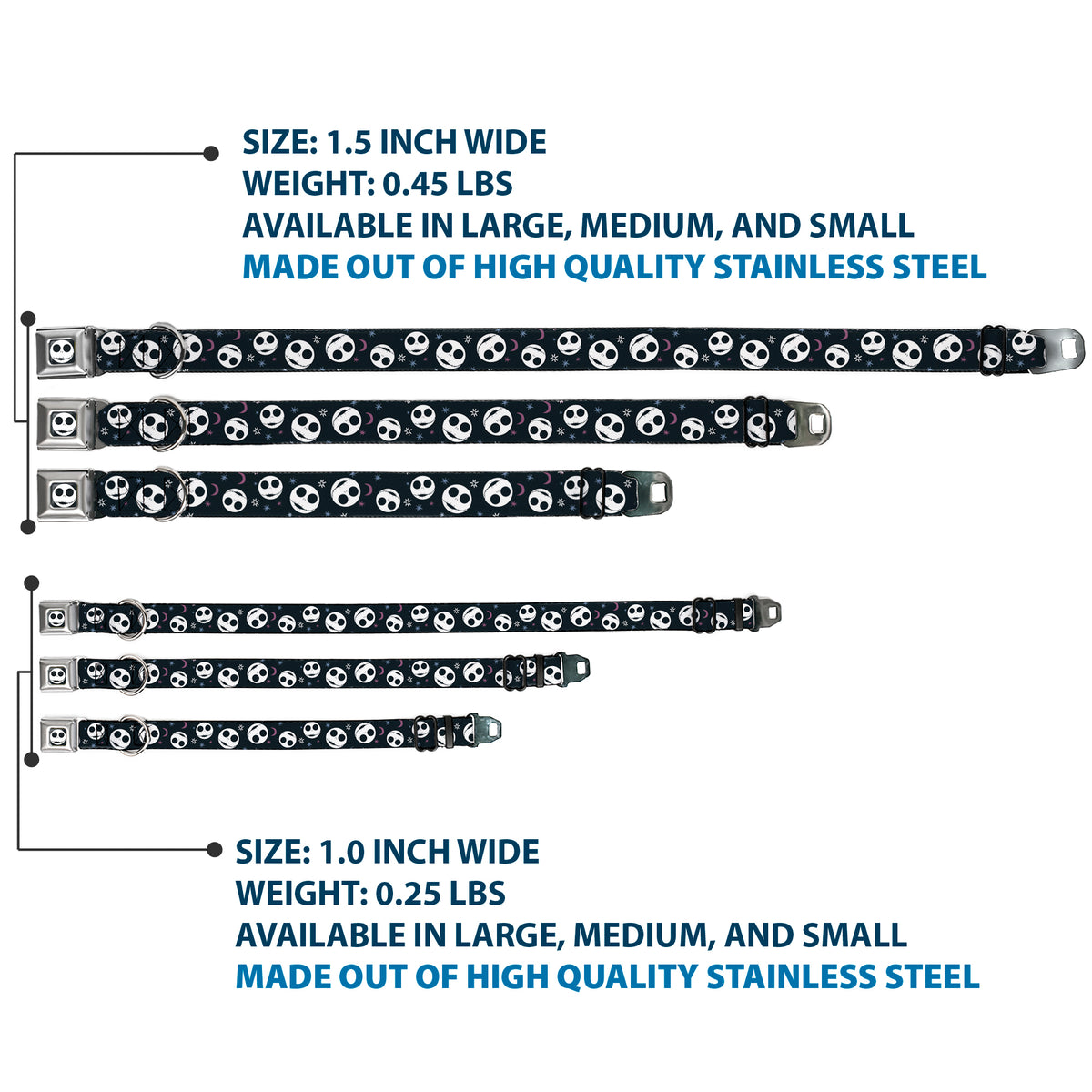 The Nightmare Before Christmas Jack Smiling Full Color Black/White Seatbelt Buckle Collar - The Nightmare Before Christmas Smiling Jack Moon and Stars Black Dog Collars Seatbelt Buckle Disney