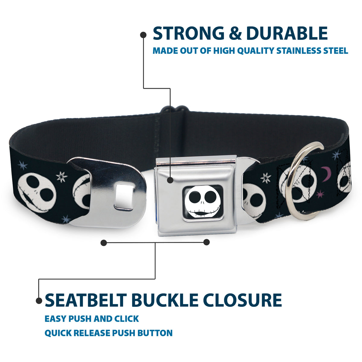 The Nightmare Before Christmas Jack Smiling Full Color Black/White Seatbelt Buckle Collar - The Nightmare Before Christmas Smiling Jack Moon and Stars Black Dog Collars Seatbelt Buckle Disney