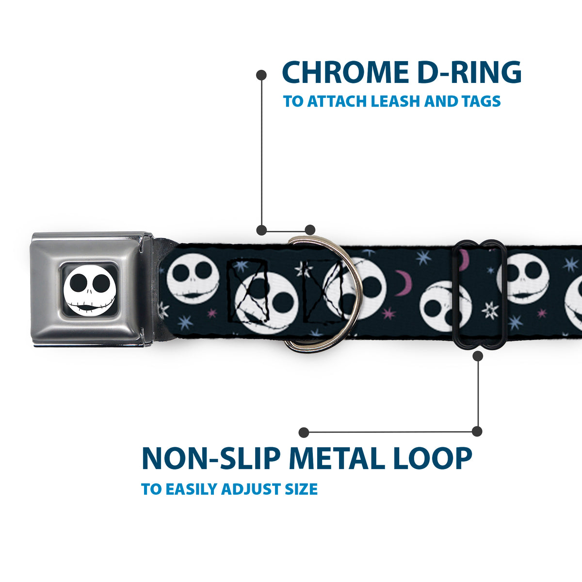 The Nightmare Before Christmas Jack Smiling Full Color Black/White Seatbelt Buckle Collar - The Nightmare Before Christmas Smiling Jack Moon and Stars Black Dog Collars Seatbelt Buckle Disney