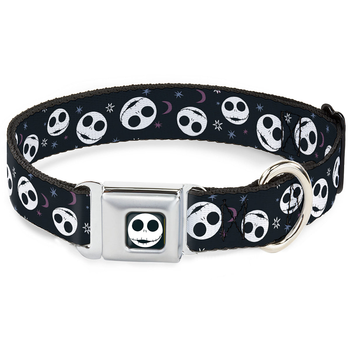 The Nightmare Before Christmas Jack Smiling Full Color Black/White Seatbelt Buckle Collar - The Nightmare Before Christmas Smiling Jack Moon and Stars Black Dog Collars Seatbelt Buckle Disney
