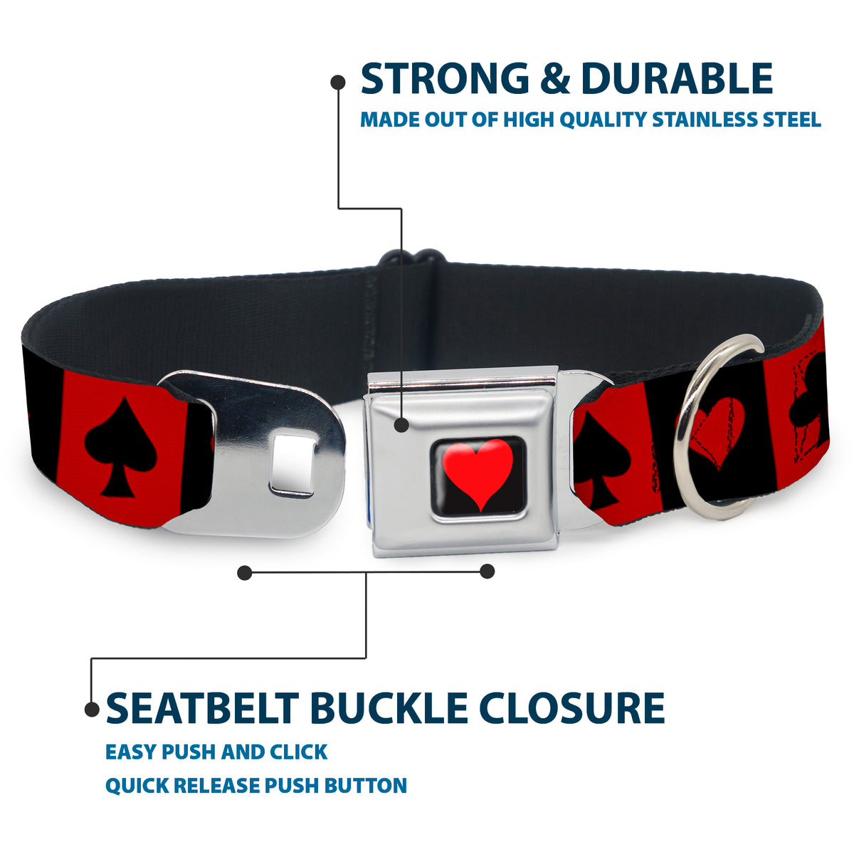 Alice in Wonderland Heart Full Color Black/Red Seatbelt Buckle Collar - Alice in Wonderland Card Suits Red/Black Dog Collars Seatbelt Buckle Disney