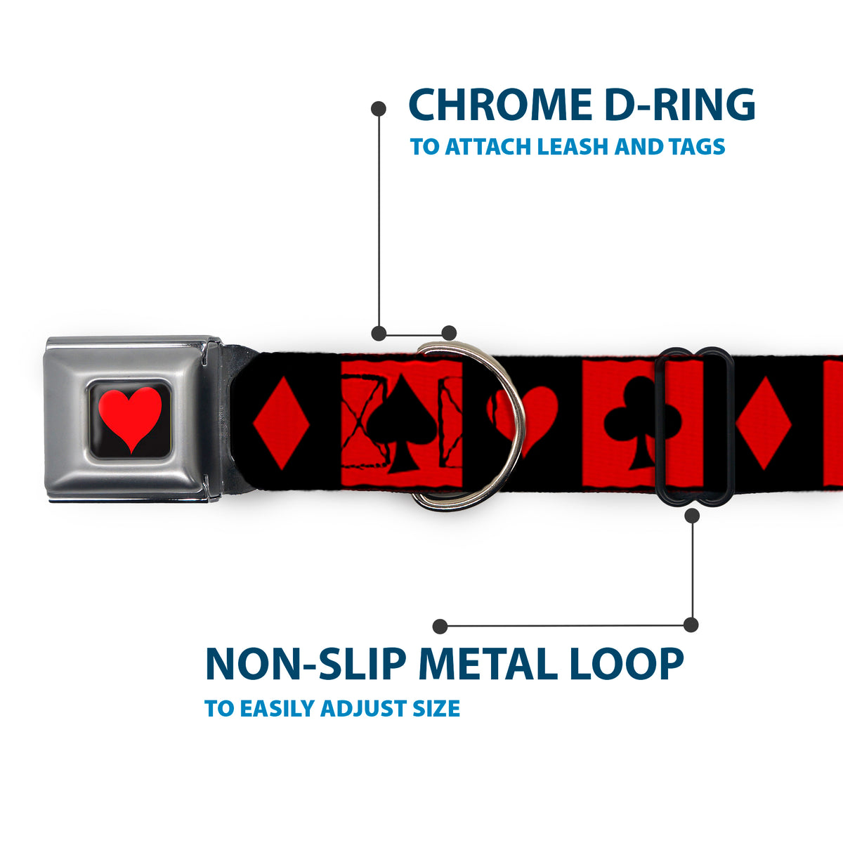 Alice in Wonderland Heart Full Color Black/Red Seatbelt Buckle Collar - Alice in Wonderland Card Suits Red/Black Dog Collars Seatbelt Buckle Disney