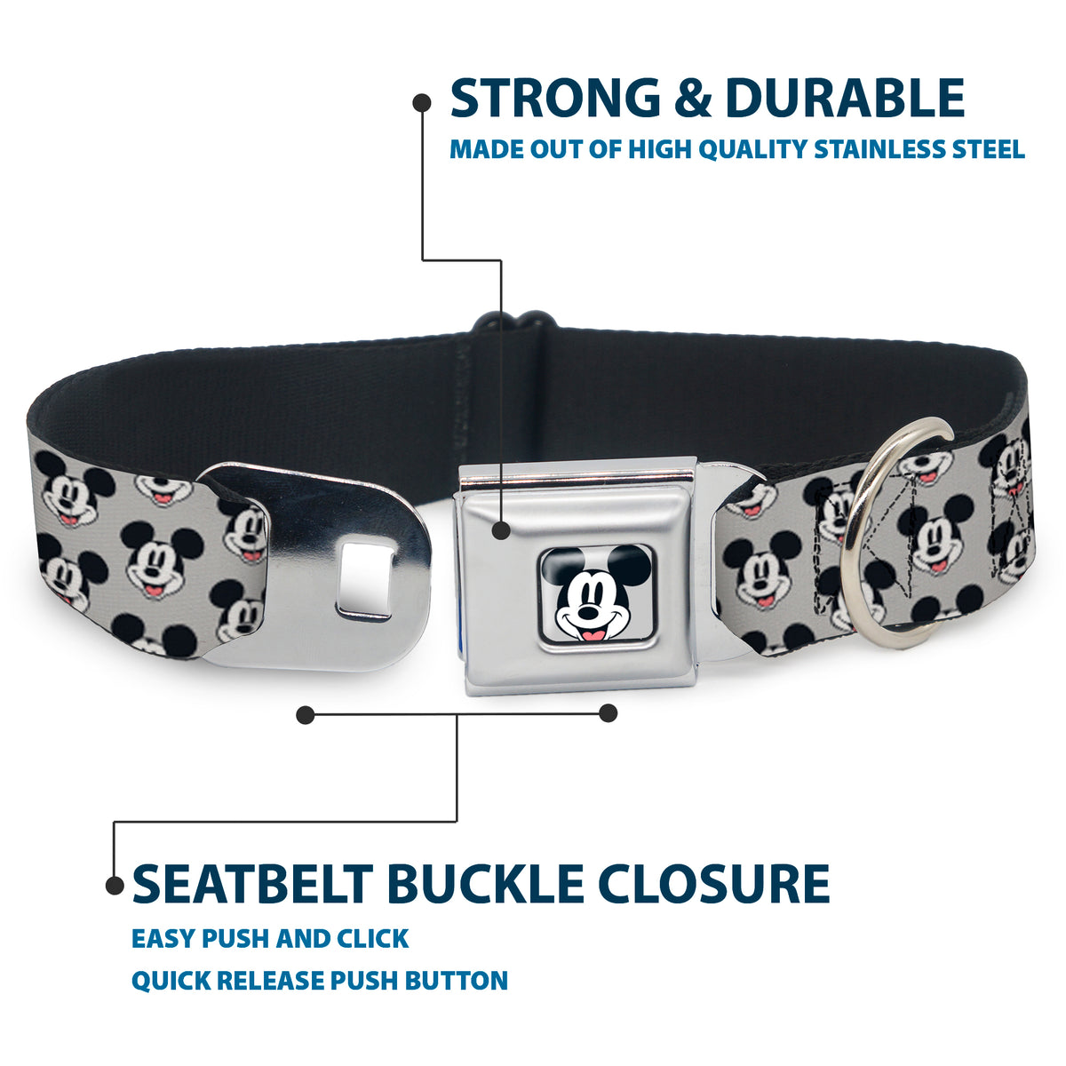 Mickey Mouse Smiling Face Full Color Gray Seatbelt Buckle Collar - Mickey Mouse Smiling Face Monogram Gray Dog Collars Seatbelt Buckle Disney