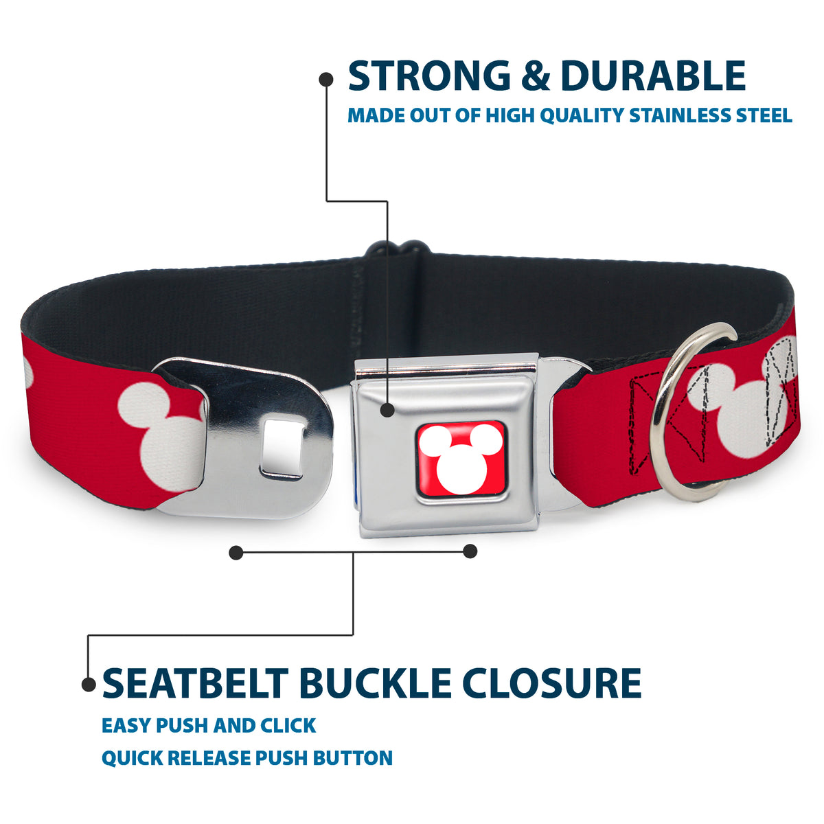 Mickey Mouse Ears Icon Full Color Red/White Seatbelt Buckle Collar - Mickey Mouse Ears Icon Red/White Dog Collars Seatbelt Buckle Disney