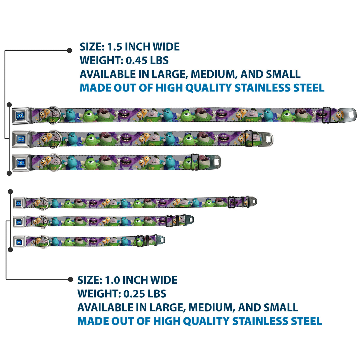 Monsters University Logo Full Color Blue/White Seatbelt Buckle Collar - Monsters University Character Lineup Gray Dog Collars Seatbelt Buckle Disney