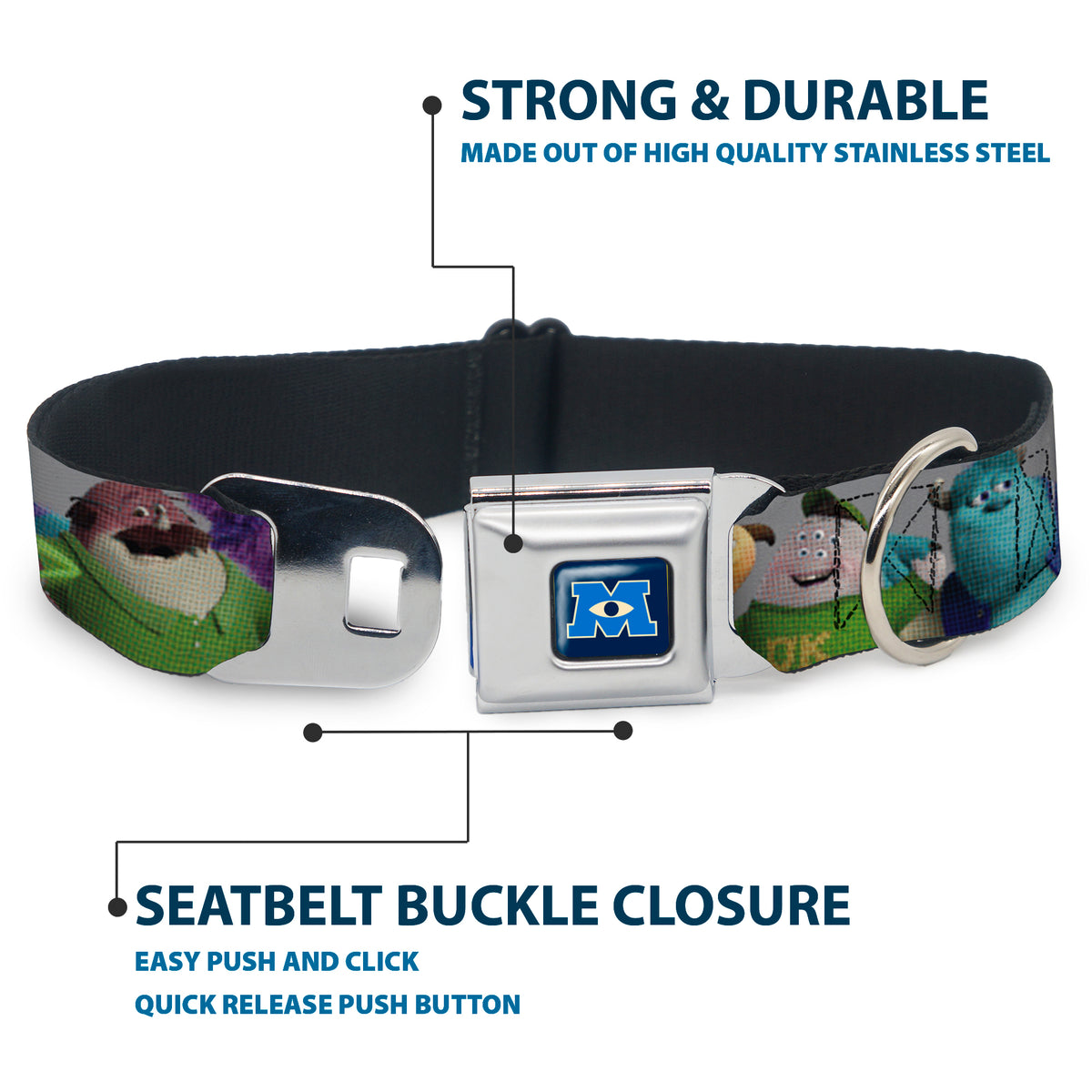 Monsters University Logo Full Color Blue/White Seatbelt Buckle Collar - Monsters University Character Lineup Gray Dog Collars Seatbelt Buckle Disney