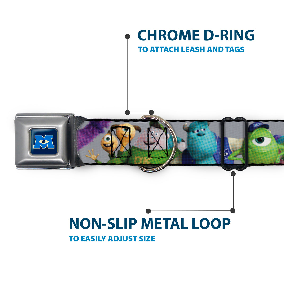 Monsters University Logo Full Color Blue/White Seatbelt Buckle Collar - Monsters University Character Lineup Gray Dog Collars Seatbelt Buckle Disney
