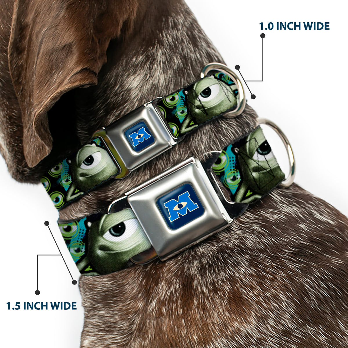 Monsters University Logo Full Color Blue White Seatbelt Buckle Collar - Mike Poses/Eyeballs Black/Greens Dog Collars Seatbelt Buckle Disney
