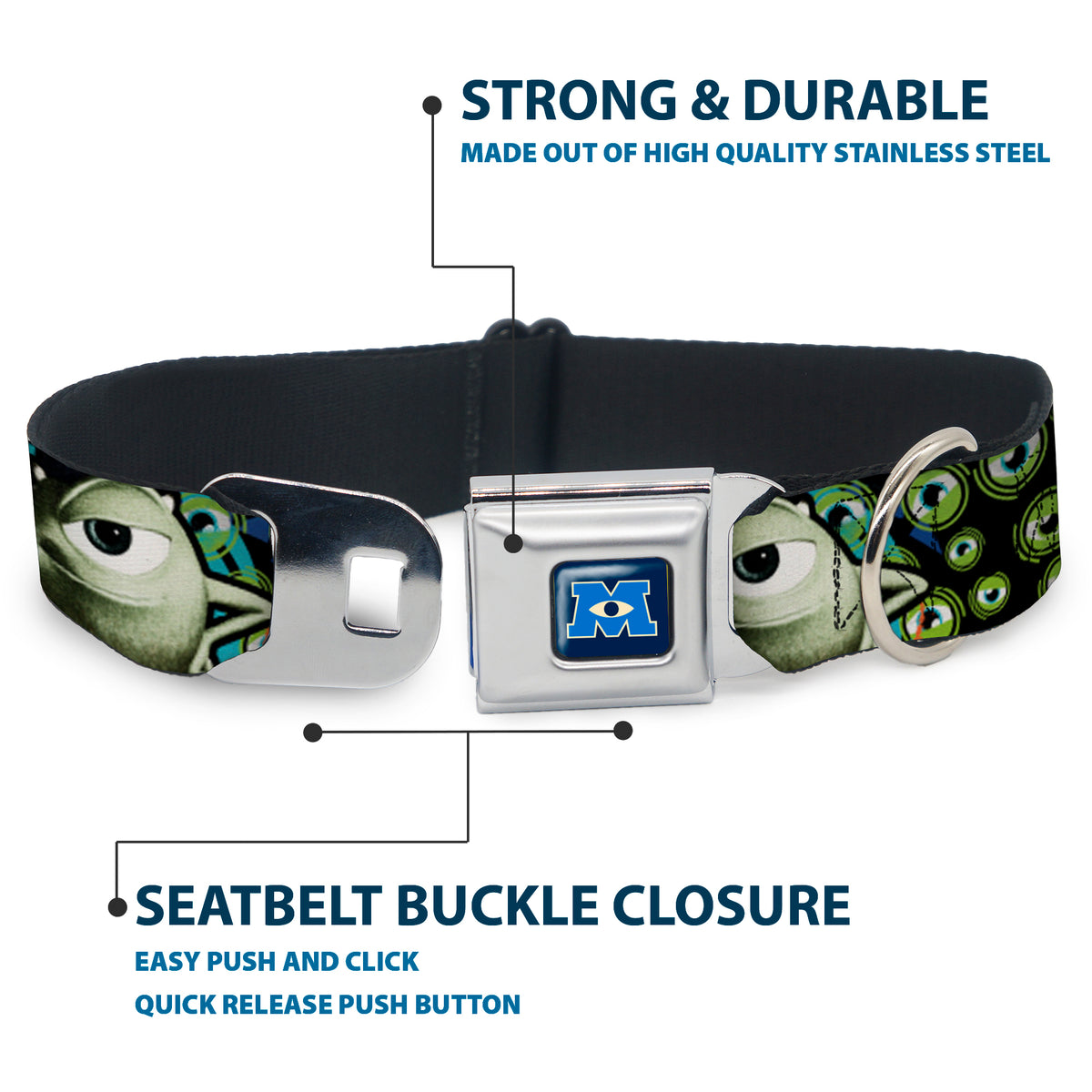Monsters University Logo Full Color Blue White Seatbelt Buckle Collar - Mike Poses/Eyeballs Black/Greens Dog Collars Seatbelt Buckle Disney