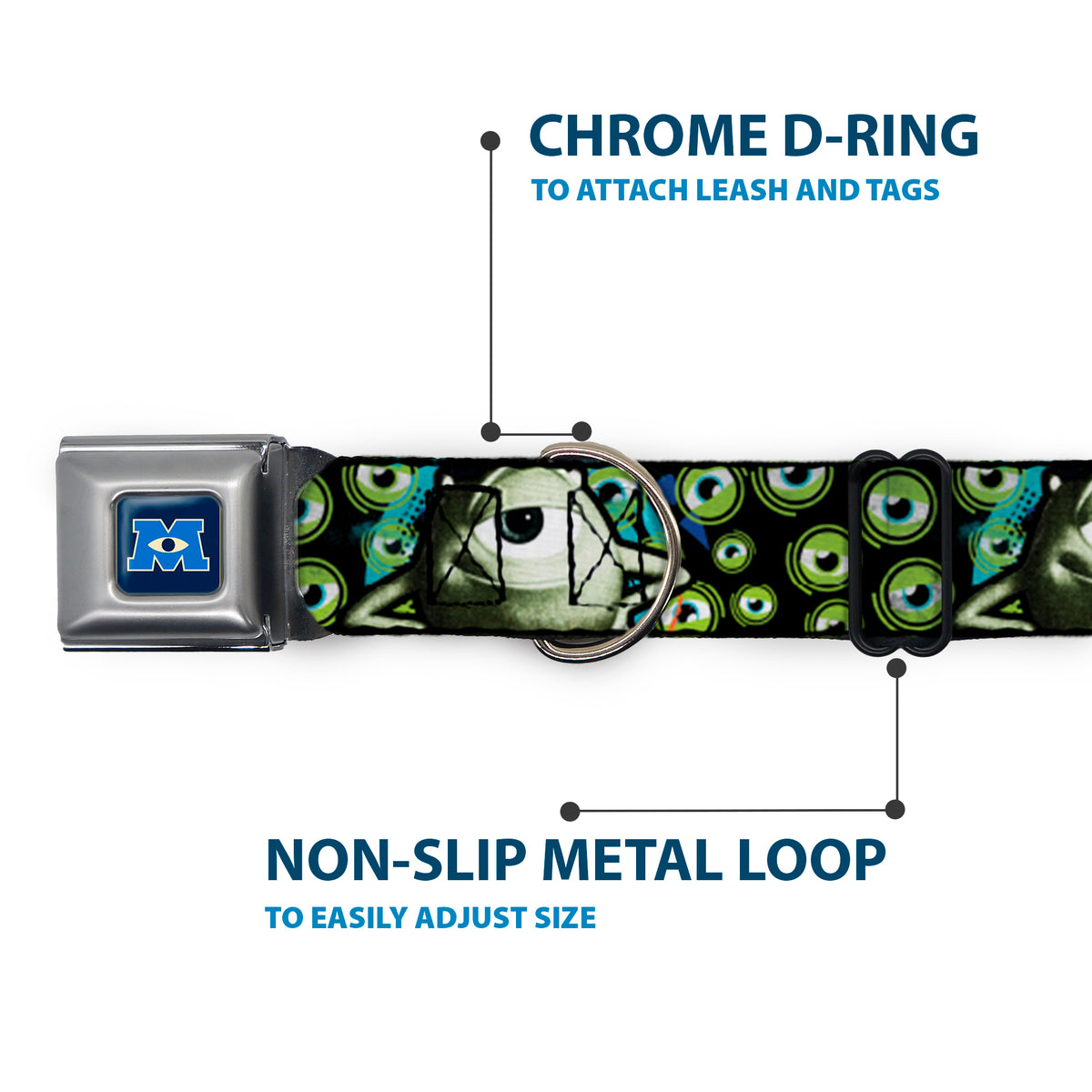 Monsters University Logo Full Color Blue White Seatbelt Buckle Collar - Mike Poses/Eyeballs Black/Greens Dog Collars Seatbelt Buckle Disney