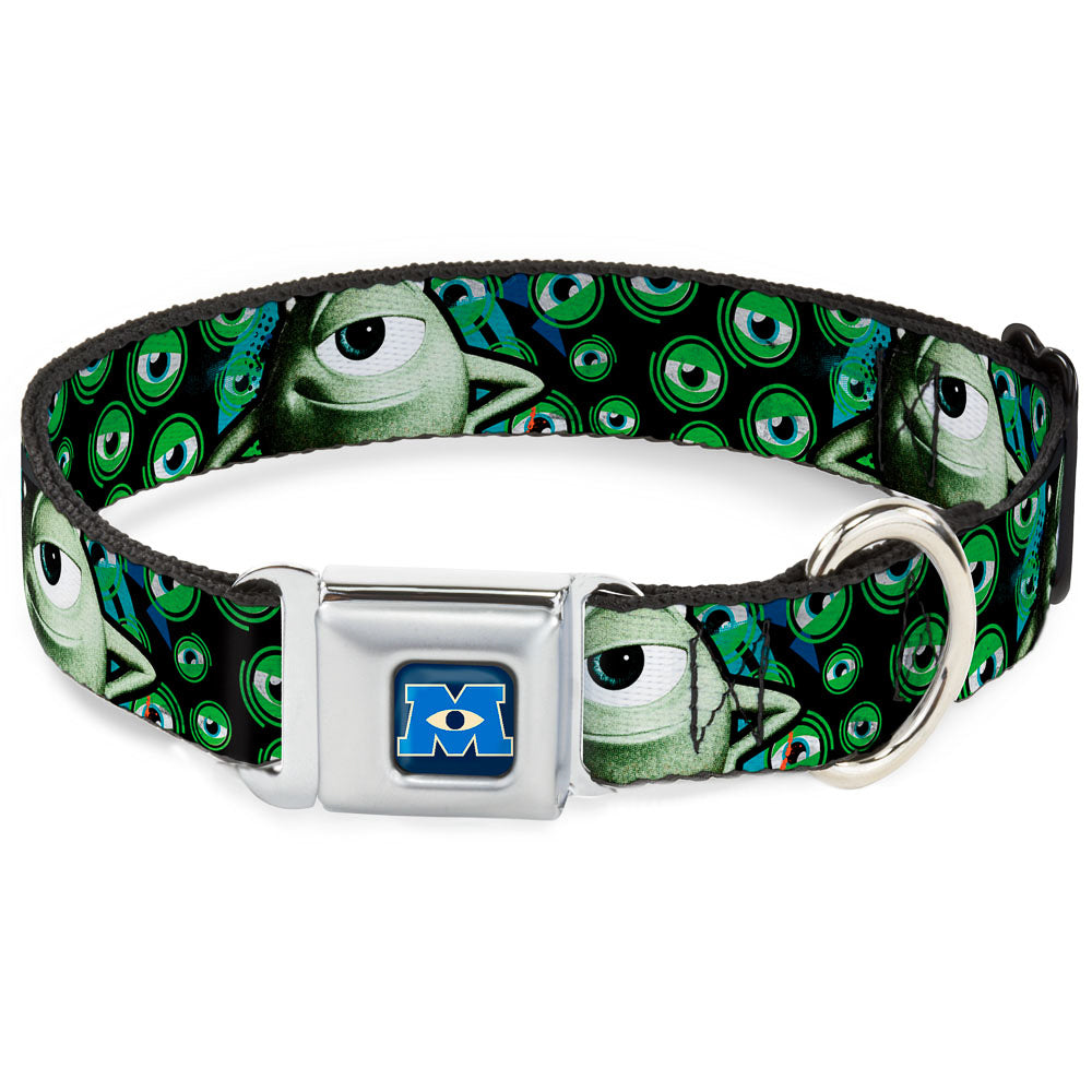 Monsters University Logo Full Color Blue White Seatbelt Buckle Collar - Mike Poses/Eyeballs Black/Greens Dog Collars Seatbelt Buckle Disney