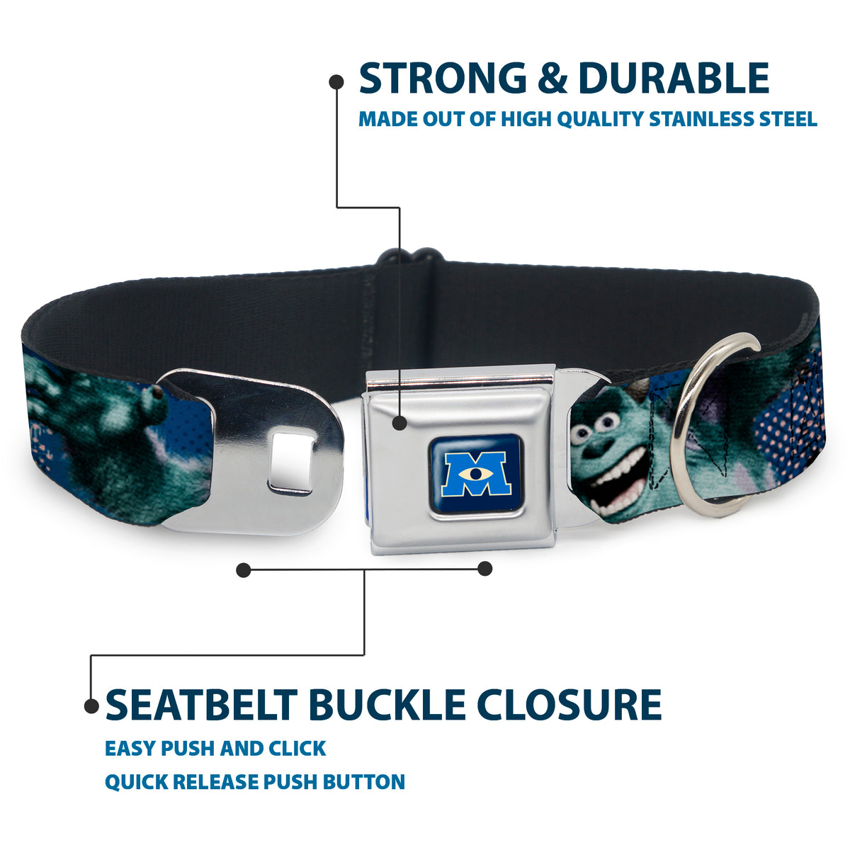Monsters University Logo Full Color Blue White Seatbelt Buckle Collar - Sulley Scare Pose/Dots Blues/White Dog Collars Seatbelt Buckle Disney