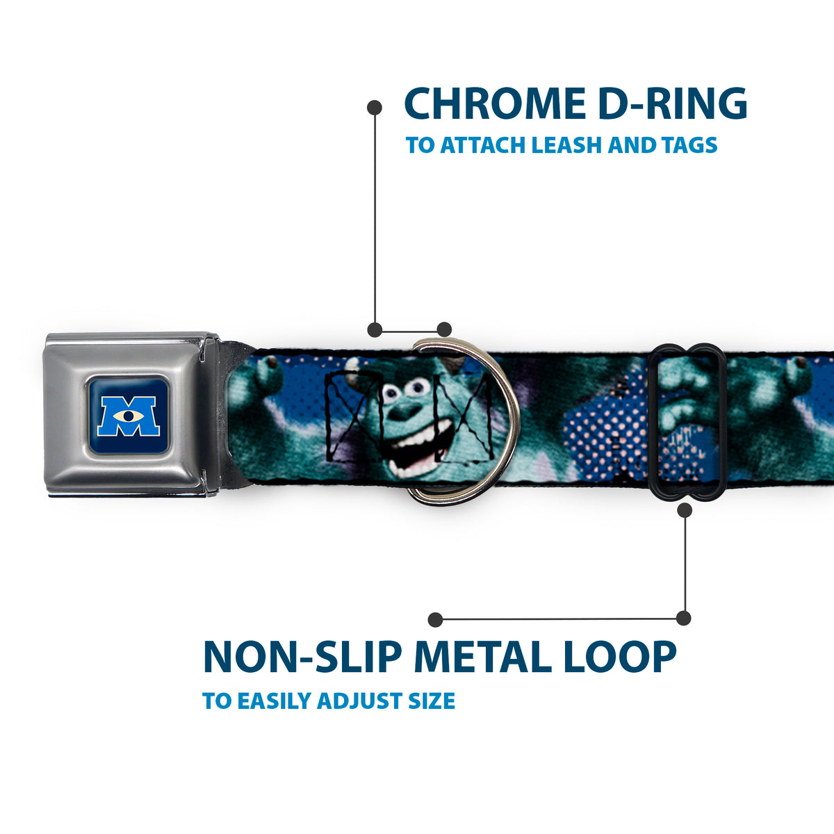 Monsters University Logo Full Color Blue White Seatbelt Buckle Collar - Sulley Scare Pose/Dots Blues/White Dog Collars Seatbelt Buckle Disney
