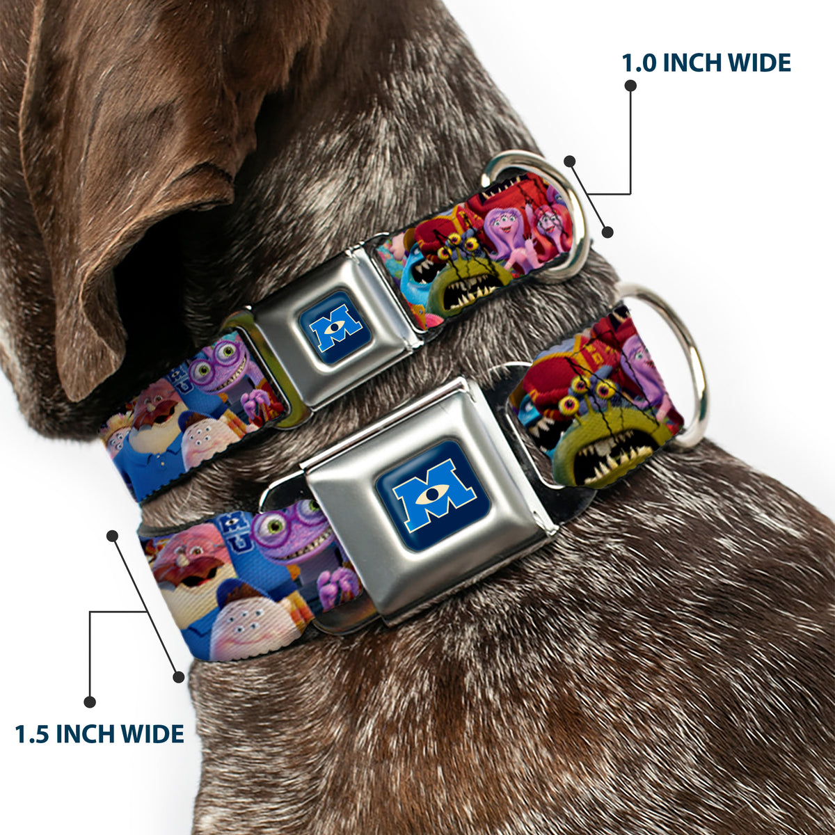 Monsters University Logo Full Color Blue White Seatbelt Buckle Collar - Monsters University Monsters Stacked Dog Collars Seatbelt Buckle Disney