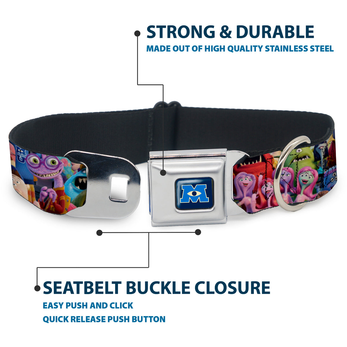 Monsters University Logo Full Color Blue White Seatbelt Buckle Collar - Monsters University Monsters Stacked Dog Collars Seatbelt Buckle Disney