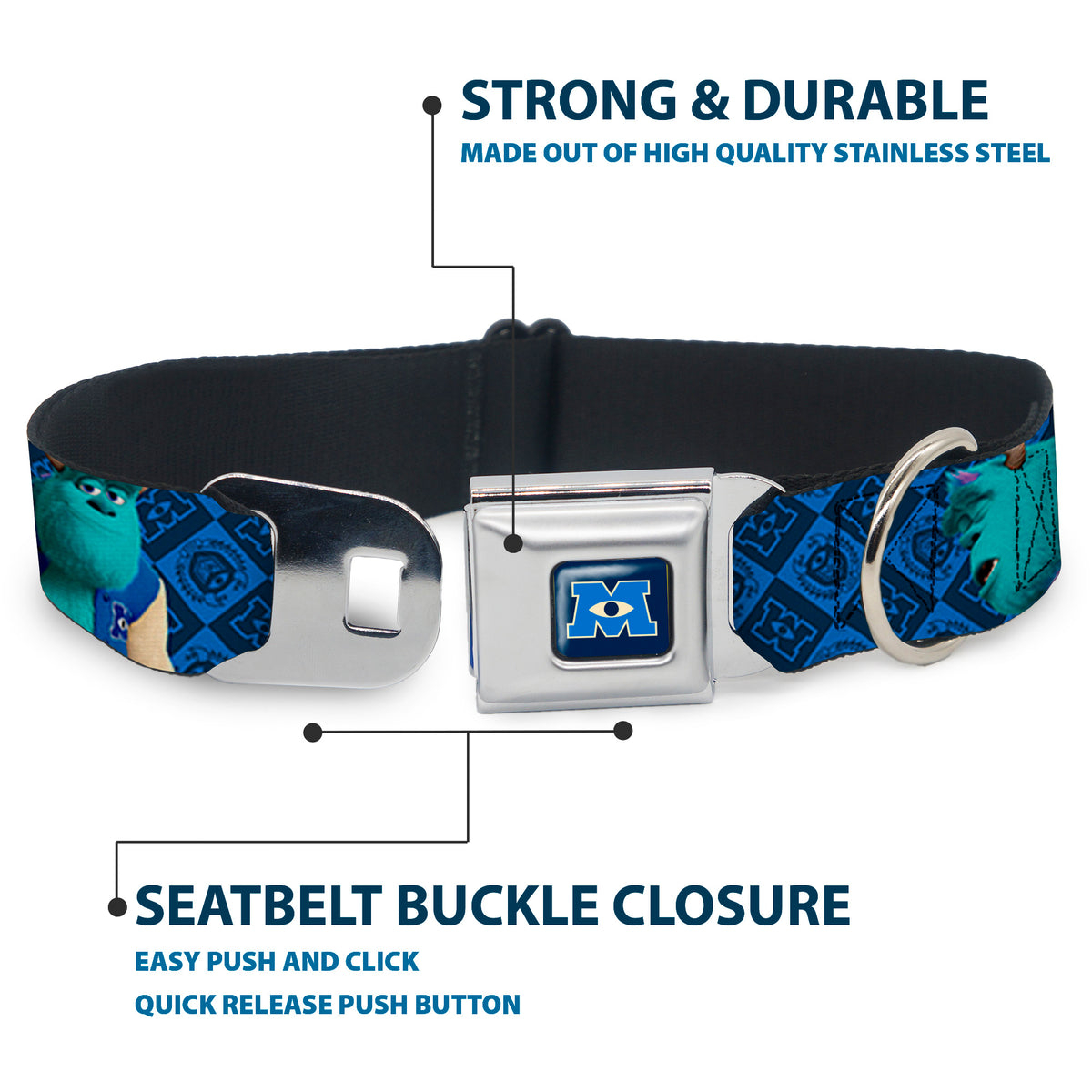 Monsters University Logo Full Color Blue White Seatbelt Buckle Collar - Monsters University Sulley & Mike Poses/Checkers Blue Dog Collars Seatbelt Buckle Disney