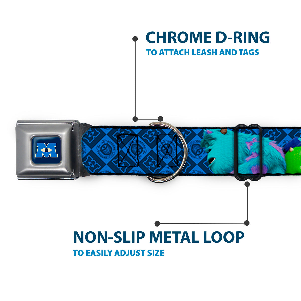 Monsters University Logo Full Color Blue White Seatbelt Buckle Collar - Monsters University Sulley & Mike Poses/Checkers Blue Dog Collars Seatbelt Buckle Disney