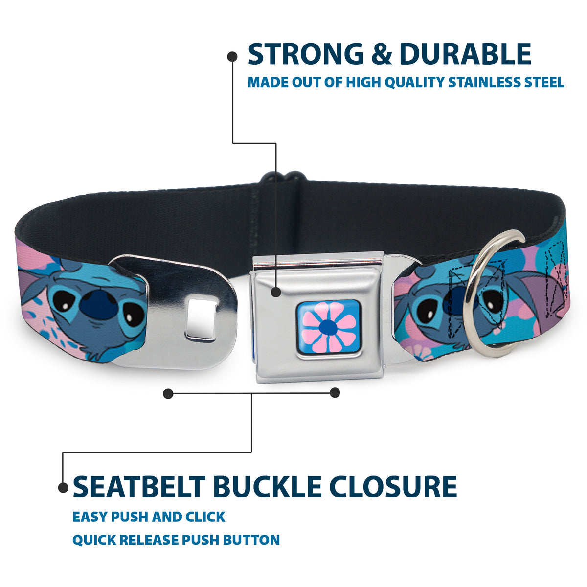 Lilo & Stitch Flower Full Color Blues/Pink Seatbelt Buckle Collar - Lilo & Stitch Stitch Flip Expressions Close-Up Blues/Pinks Dog Collars Seatbelt Buckle Disney