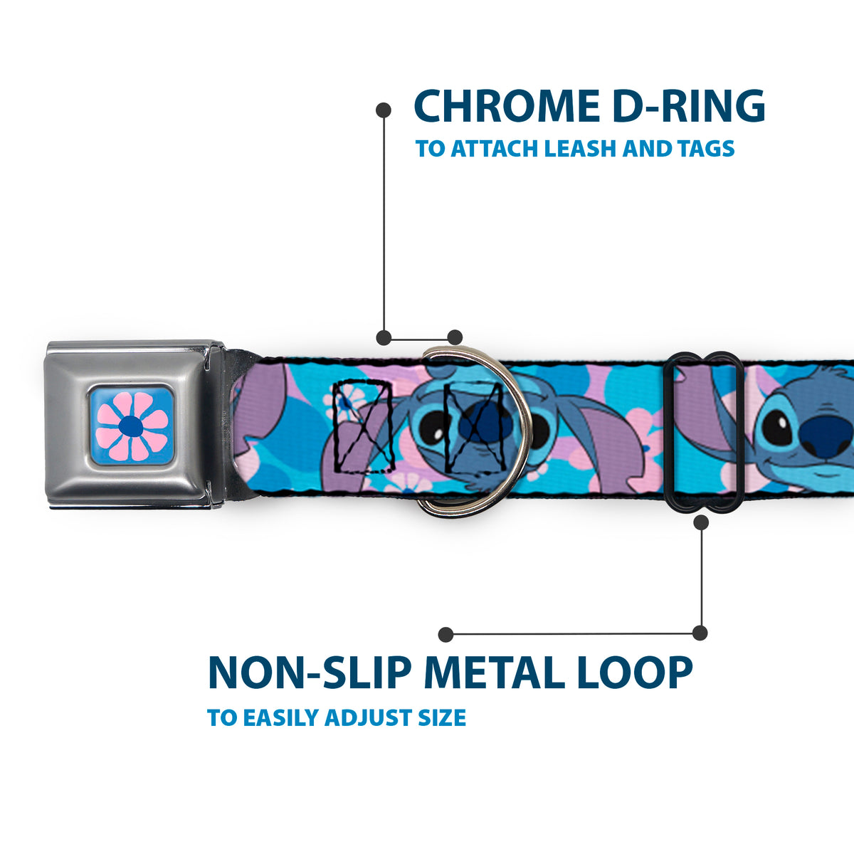 Lilo & Stitch Flower Full Color Blues/Pink Seatbelt Buckle Collar - Lilo & Stitch Stitch Flip Expressions Close-Up Blues/Pinks Dog Collars Seatbelt Buckle Disney