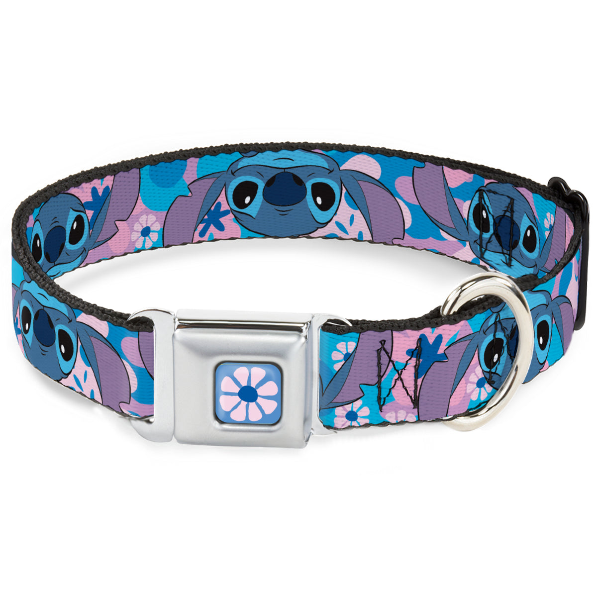 Lilo & Stitch Flower Full Color Blues/Pink Seatbelt Buckle Collar - Lilo & Stitch Stitch Flip Expressions Close-Up Blues/Pinks Dog Collars Seatbelt Buckle Disney