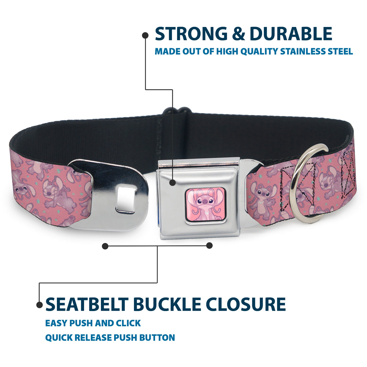 Lilo & Stitch Angel Sitting Pose Full Color Pink Seatbelt Buckle Collar - Lilo & Stitch Angel Poses Scattered Pinks Dog Collars Seatbelt Buckle Disney