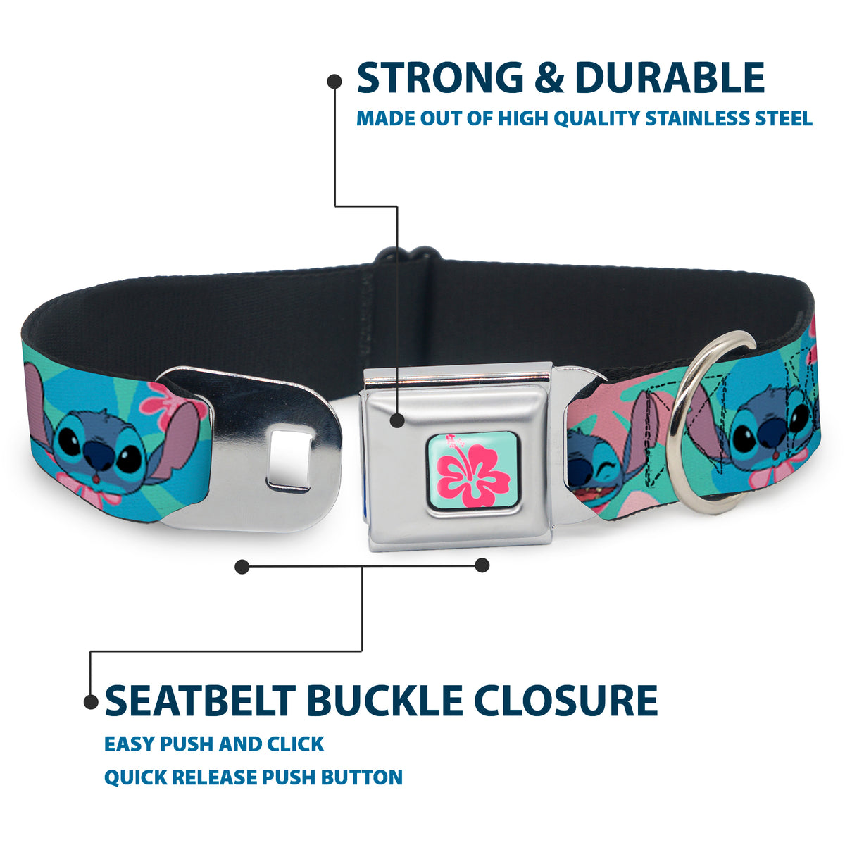 Lilo & Stitch Flower Full Color Blue/Pink Seatbelt Buckle Collar - Lilo & Stitch Stitch Expressions and Tropical Flowers Blues/Pinks Dog Collars Seatbelt Buckle Disney