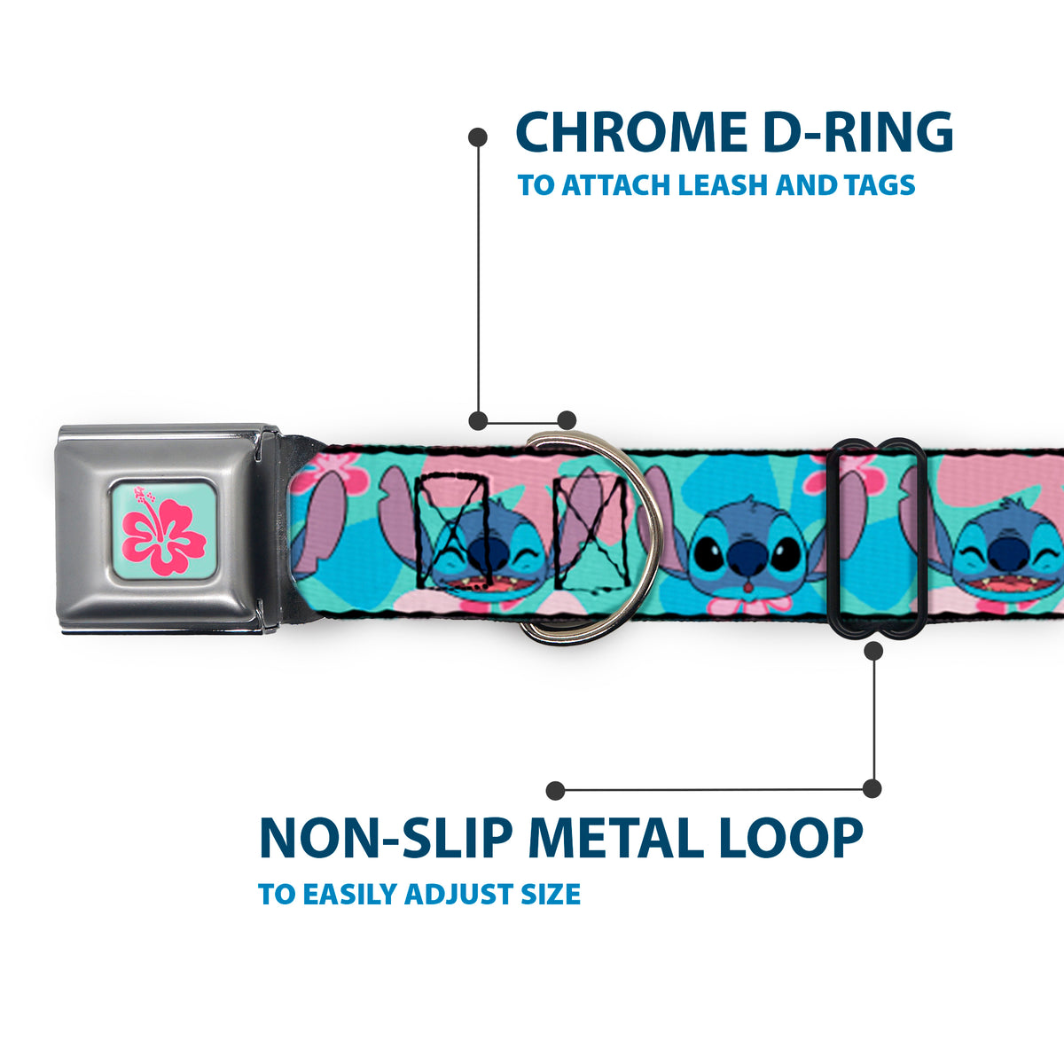 Lilo & Stitch Flower Full Color Blue/Pink Seatbelt Buckle Collar - Lilo & Stitch Stitch Expressions and Tropical Flowers Blues/Pinks Dog Collars Seatbelt Buckle Disney