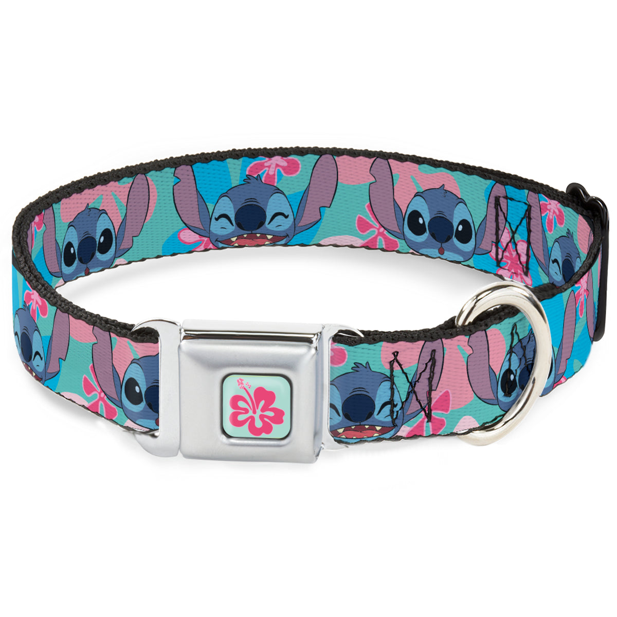 Lilo & Stitch Flower Full Color Blue/Pink Seatbelt Buckle Collar - Lilo & Stitch Stitch Expressions and Tropical Flowers Blues/Pinks Dog Collars Seatbelt Buckle Disney