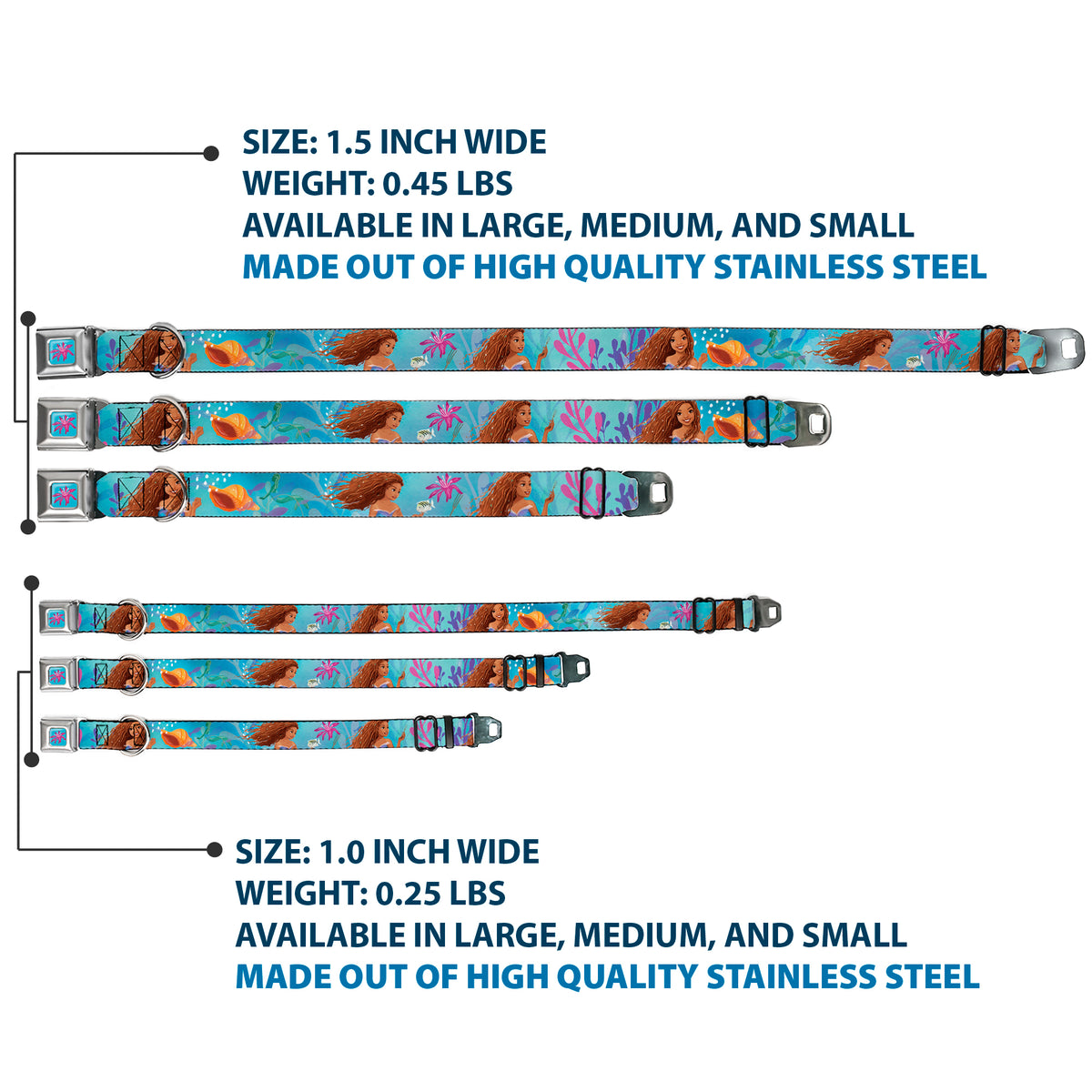 The Little Mermaid Sea Flower Full Color Blue/Purple Seatbelt Buckle Collar - The Little Mermaid Live Action Ariel Under the Sea Poses Blues Dog Collars Seatbelt Buckle Disney