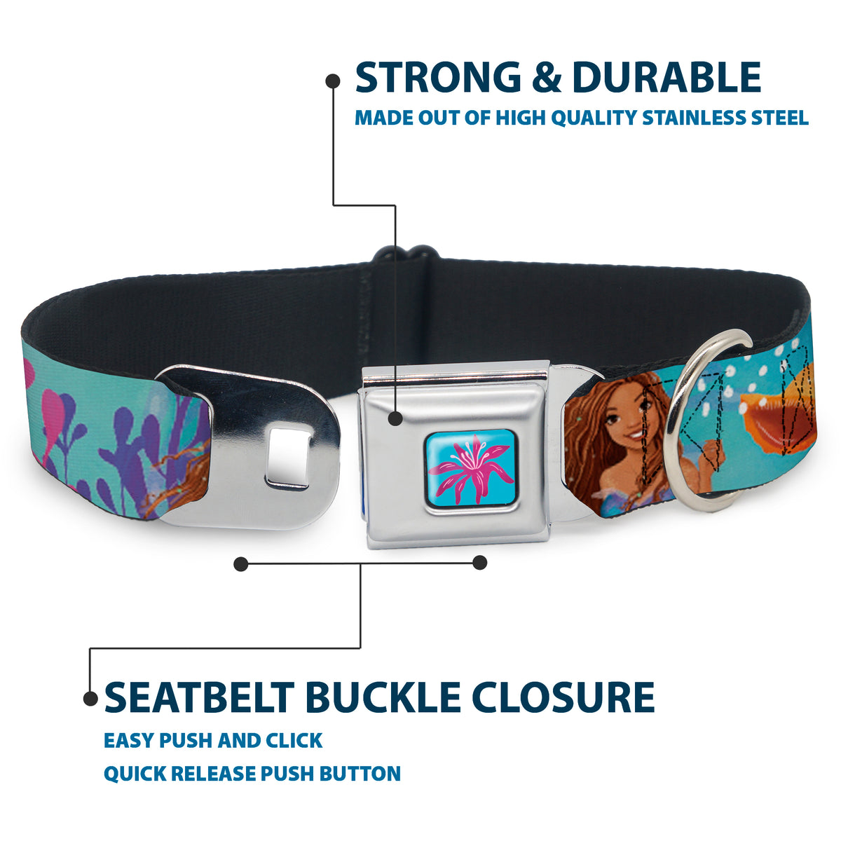 The Little Mermaid Sea Flower Full Color Blue/Purple Seatbelt Buckle Collar - The Little Mermaid Live Action Ariel Under the Sea Poses Blues Dog Collars Seatbelt Buckle Disney