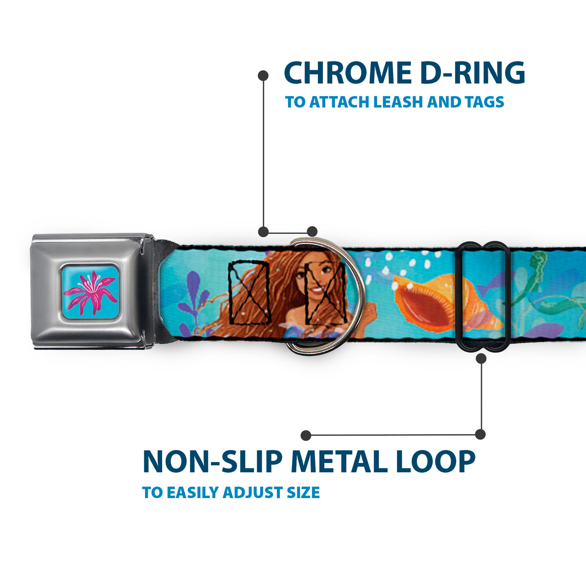 The Little Mermaid Sea Flower Full Color Blue/Purple Seatbelt Buckle Collar - The Little Mermaid Live Action Ariel Under the Sea Poses Blues Dog Collars Seatbelt Buckle Disney