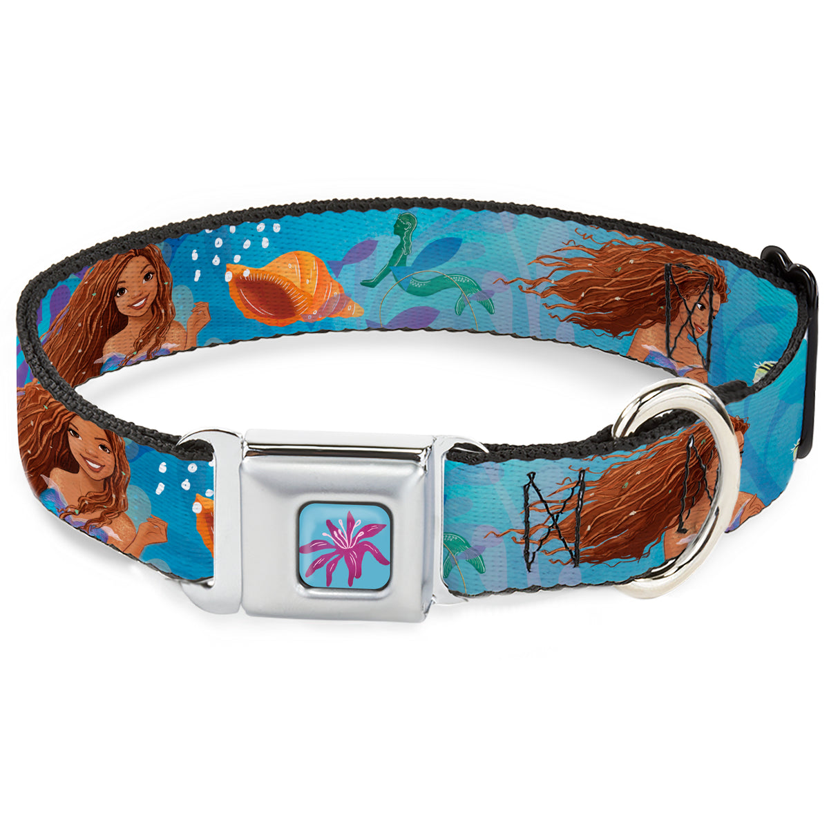 The Little Mermaid Sea Flower Full Color Blue/Purple Seatbelt Buckle Collar - The Little Mermaid Live Action Ariel Under the Sea Poses Blues Dog Collars Seatbelt Buckle Disney
