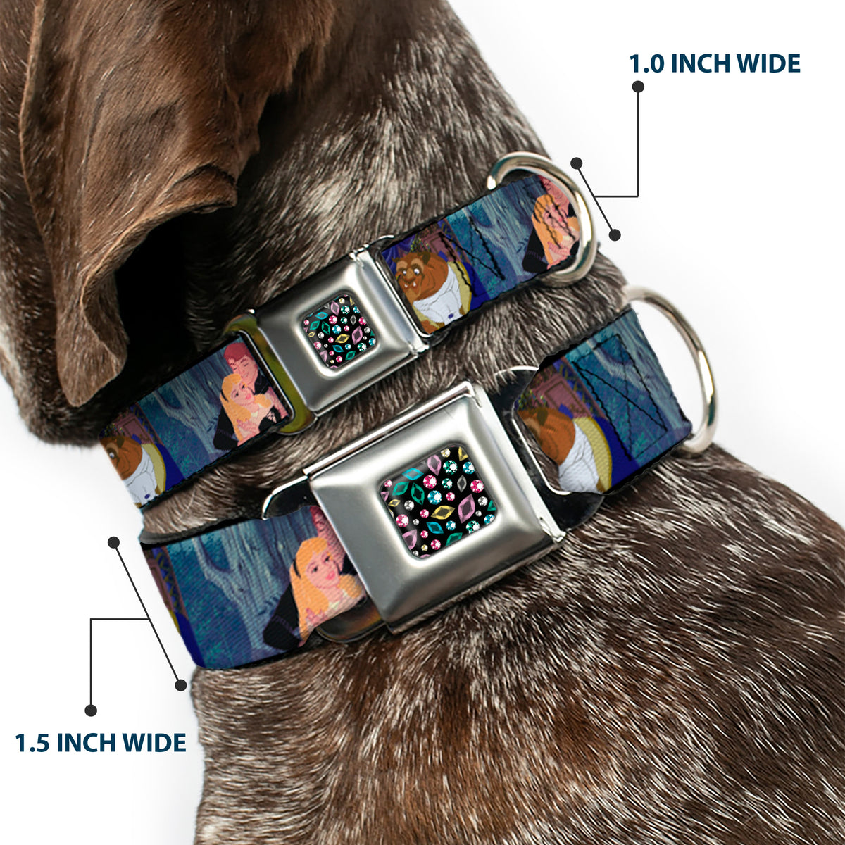 Princess Jewels Full Color Black Multi Color Seatbelt Buckle Collar - Disney Princess Scenes Framed Dog Collars Seatbelt Buckle Disney