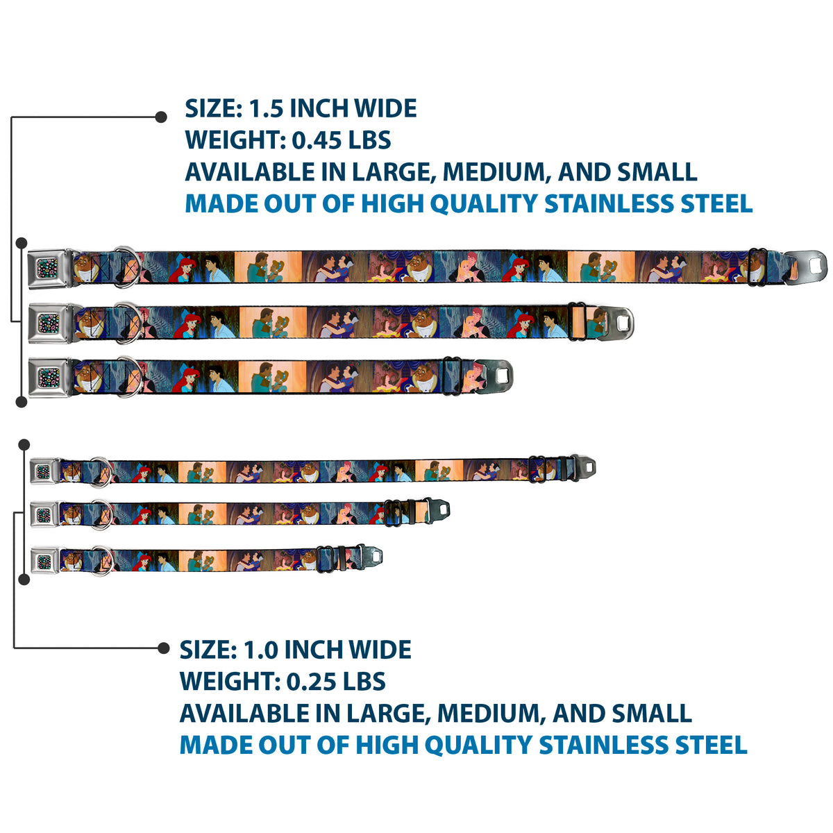 Princess Jewels Full Color Black Multi Color Seatbelt Buckle Collar - Disney Princess Scenes Framed Dog Collars Seatbelt Buckle Disney