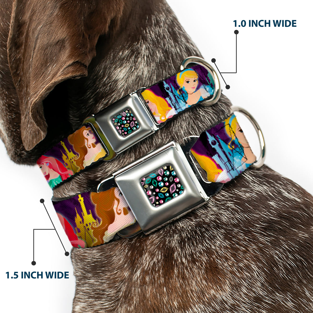 Princess Jewels Full Color Black Multi Color Seatbelt Buckle Collar - Disney Princess Poses/Castle Silhouettes Purples/Multi Color Dog Collars Seatbelt Buckle Disney