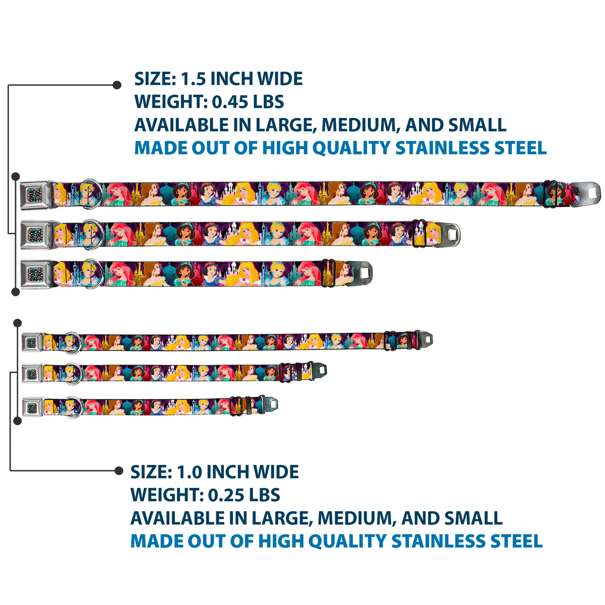 Princess Jewels Full Color Black Multi Color Seatbelt Buckle Collar - Disney Princess Poses/Castle Silhouettes Purples/Multi Color Dog Collars Seatbelt Buckle Disney